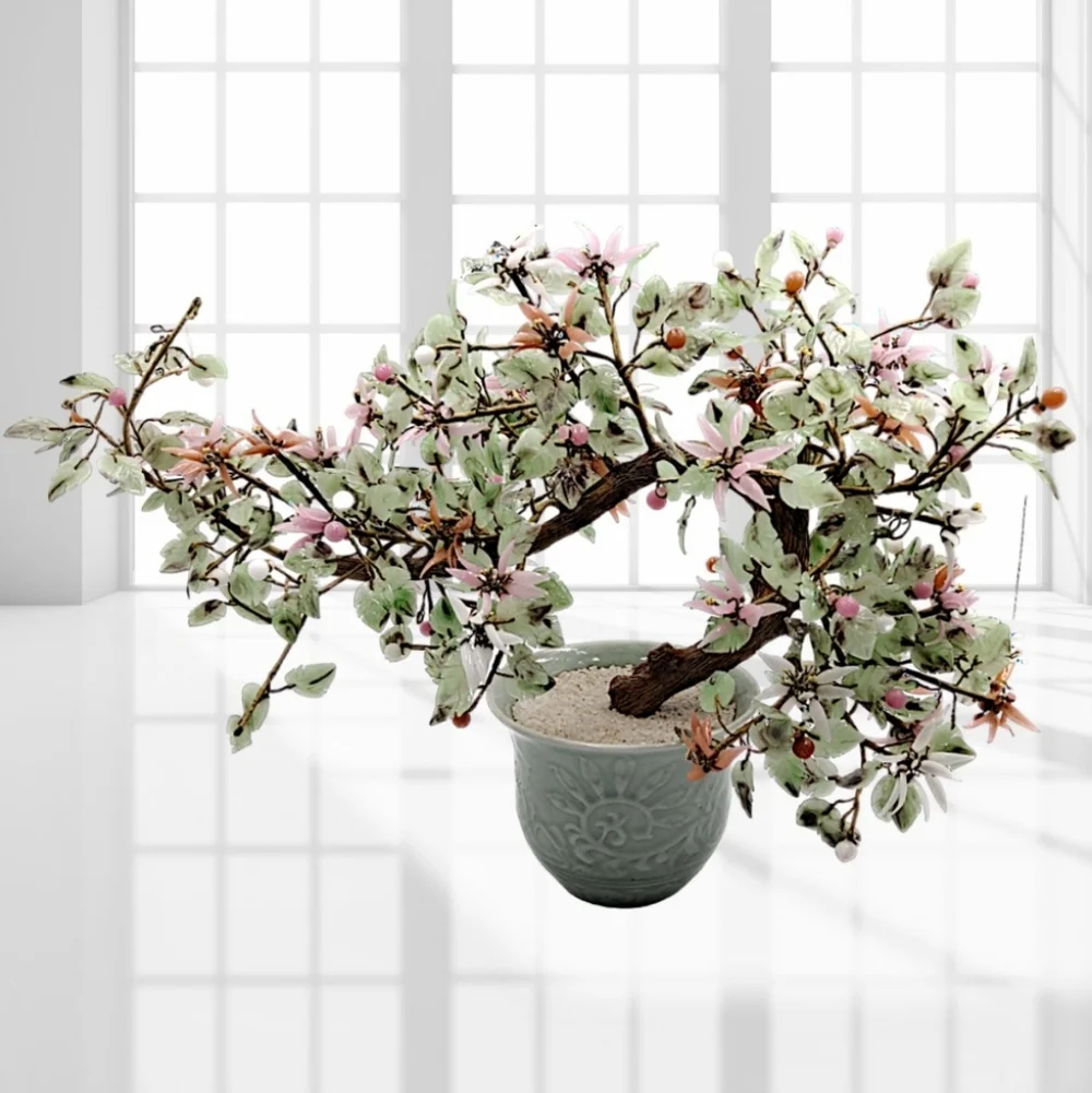 Bonsai Jade Tree Semi-Cascade Style with Pink, White, Salmon Glass